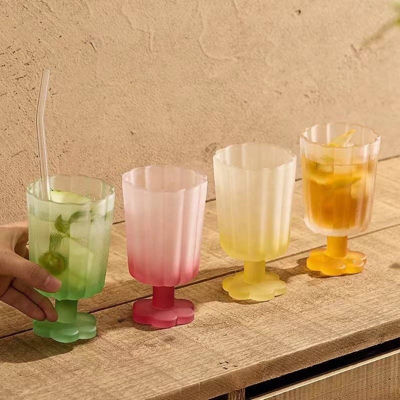 Unique Flower Shape Cold Drink Glass Cups Colored Glass Goblet Petal Ripple Drinking Glasses