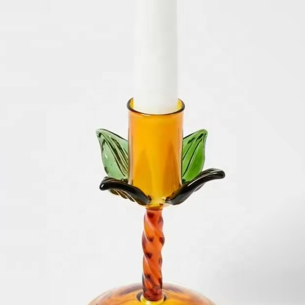 Custom Made Handcrafted Colored Palm Tree Glass Candlestick Holder with Twisted Stick and Tapered Base