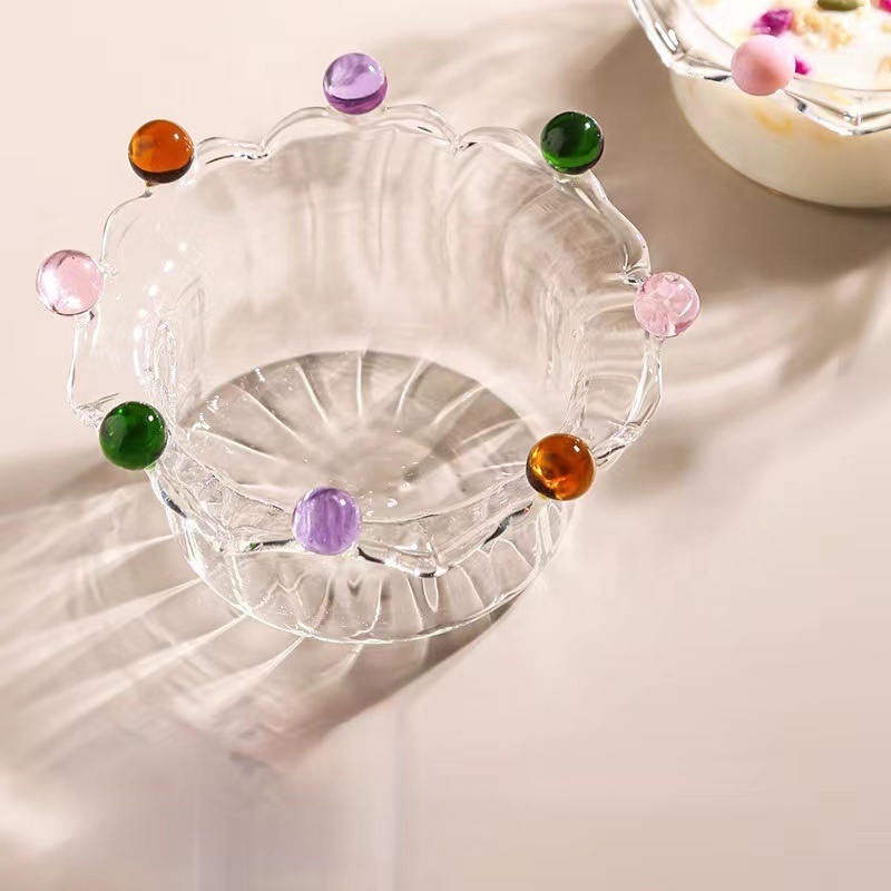 Kitchen Restaurant Decor-Stripe Crown Shaped Glass Dessert Bowl Fruit Salad Bowl for Soup Yogurt Pudding