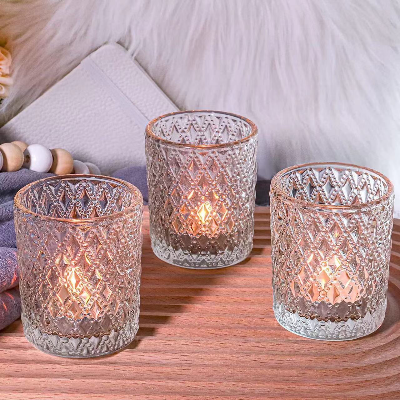 Clear Glass Tealight Candle Holder Bulk for Table Decoration Baby Shower Birthday Party Votive Candle Holders Embossed Design