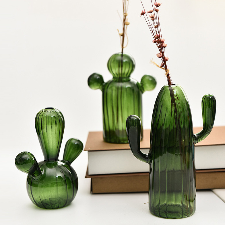 Hand Blown Creative Cactus Colored Glass Flower Vase For Propagating Hydroponic Plants Home Garden Decoration