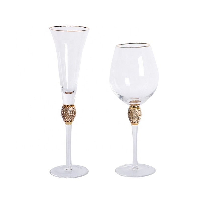 New arrivals hot sale in stock elegant sparkling studded Long stem crystal glassware set with gold rim and dazzling rhinestone