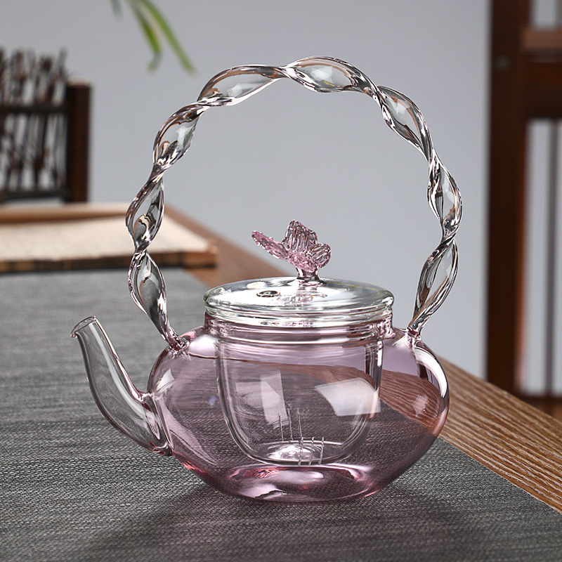 Hot Sale High Borosilicate Glass Twist Pattern Pink Beam Kettle Boiling Butterfly Kettle Thickened Glass Teapot Tea Set 700ml