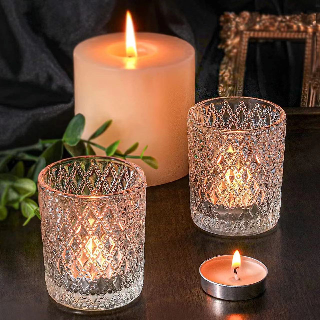 Clear Glass Tealight Candle Holder Bulk for Table Decoration Baby Shower Birthday Party Votive Candle Holders Embossed Design