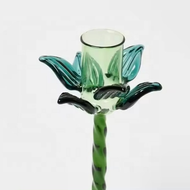 Custom Made Handcrafted Colored Palm Tree Glass Candlestick Holder with Twisted Stick and Tapered Base