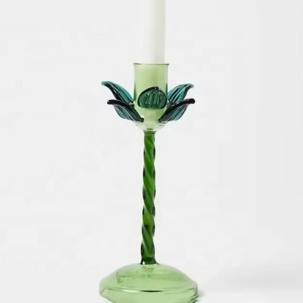 Custom Made Handcrafted Colored Palm Tree Glass Candlestick Holder with Twisted Stick and Tapered Base