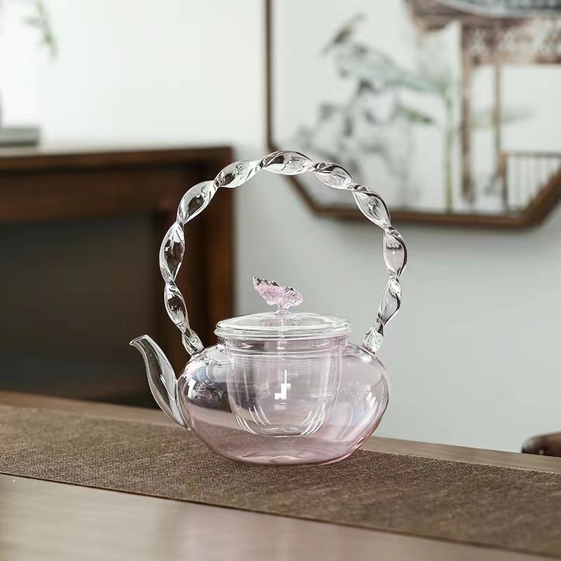 Hot Sale High Borosilicate Glass Twist Pattern Pink Beam Kettle Boiling Butterfly Kettle Thickened Glass Teapot Tea Set 700ml