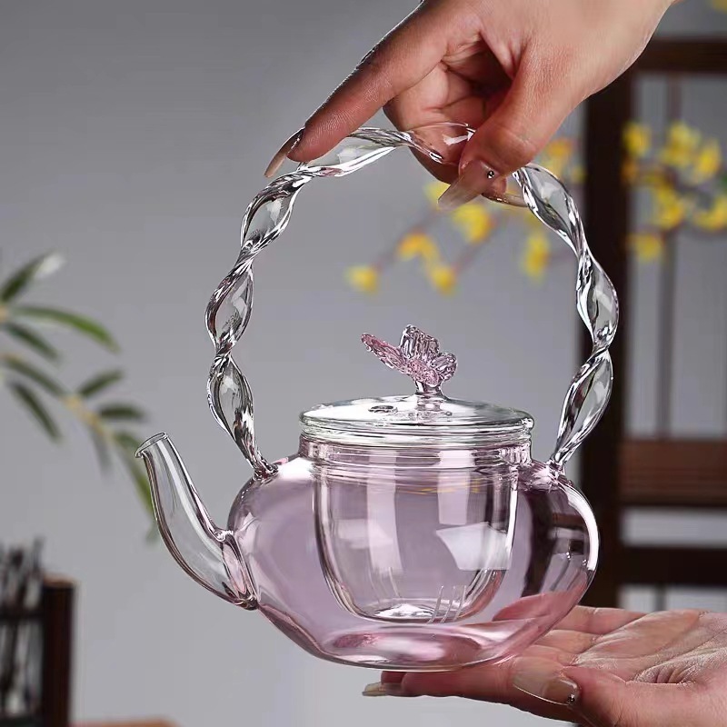 Hot Sale High Borosilicate Glass Twist Pattern Pink Beam Kettle Boiling Butterfly Kettle Thickened Glass Teapot Tea Set 700ml