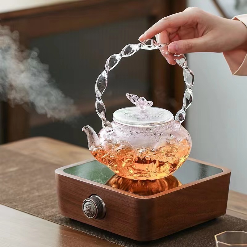 Hot Sale High Borosilicate Glass Twist Pattern Pink Beam Kettle Boiling Butterfly Kettle Thickened Glass Teapot Tea Set 700ml