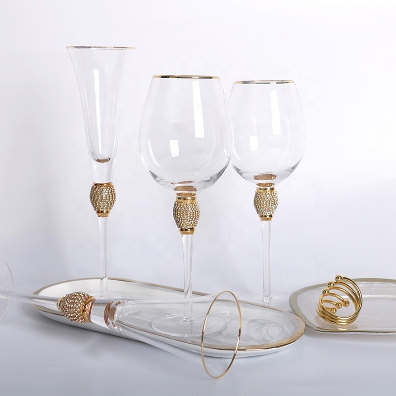 New arrivals hot sale in stock elegant sparkling studded Long stem crystal glassware set with gold rim and dazzling rhinestone