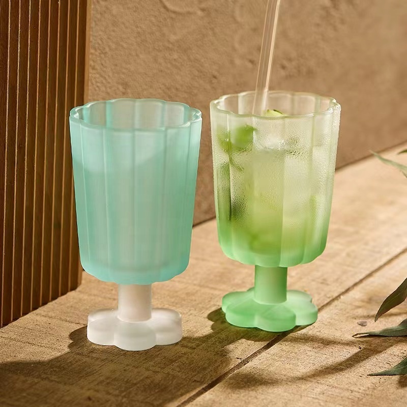 Unique Flower Shape Cold Drink Glass Cups Colored Glass Goblet Petal Ripple Drinking Glasses