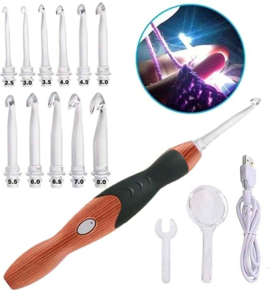 hot sale   DIY Hand Knitting Tool with LED light Crochet Set USB rechargeable LED luminous bearded needle latch needle;