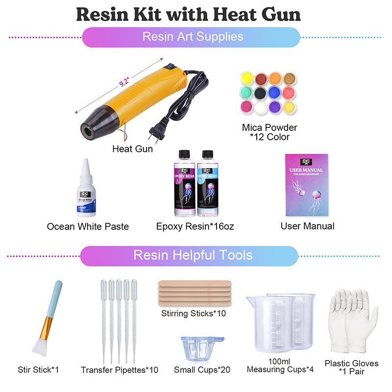 16oz Clear Resin Kit with Heat Gun Premium Crystal Epoxy Resin with White Pigment High Gloss Bubbles Free Resin Hardener Kit