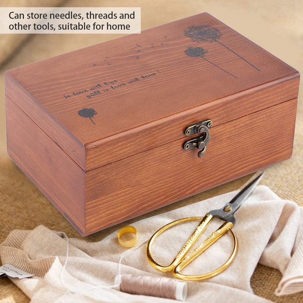 Antique Wooden Sewing Kit Box Vintage Basic Home Sewing Basket for Kids, Girls