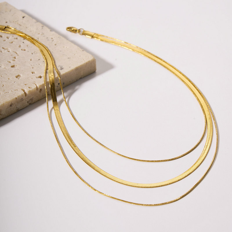 Gold Plated 1mm 3mm Snake Chain Layer Necklace Stainless Steel Triple Layer Snake Chain Necklace