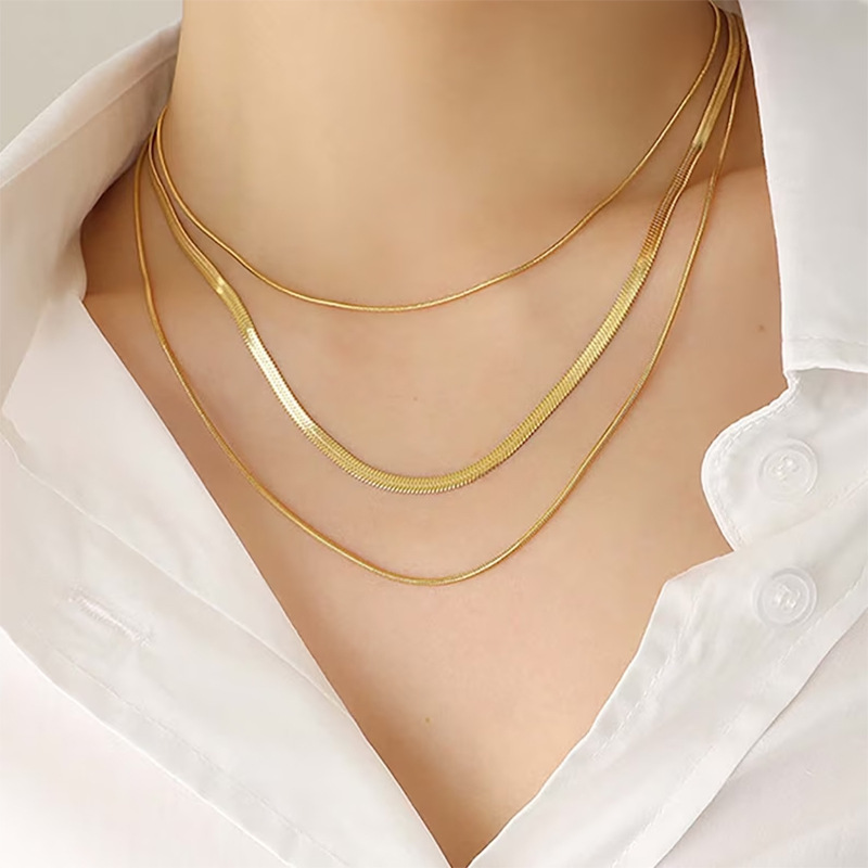 Gold Plated 1mm 3mm Snake Chain Layer Necklace Stainless Steel Triple Layer Snake Chain Necklace