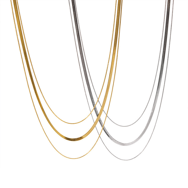 Gold Plated 1mm 3mm Snake Chain Layer Necklace Stainless Steel Triple Layer Snake Chain Necklace