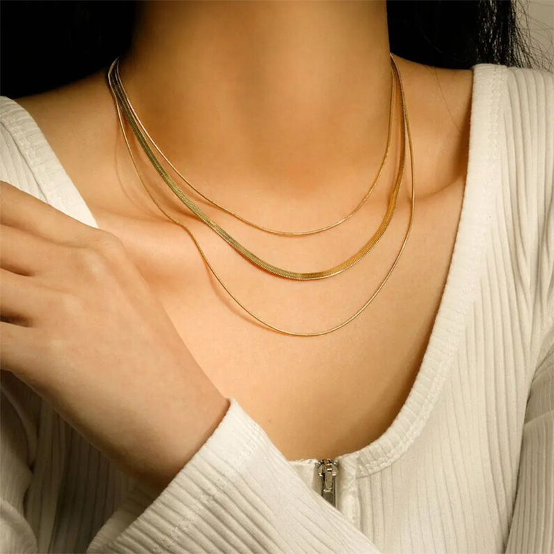 Gold Plated 1mm 3mm Snake Chain Layer Necklace Stainless Steel Triple Layer Snake Chain Necklace