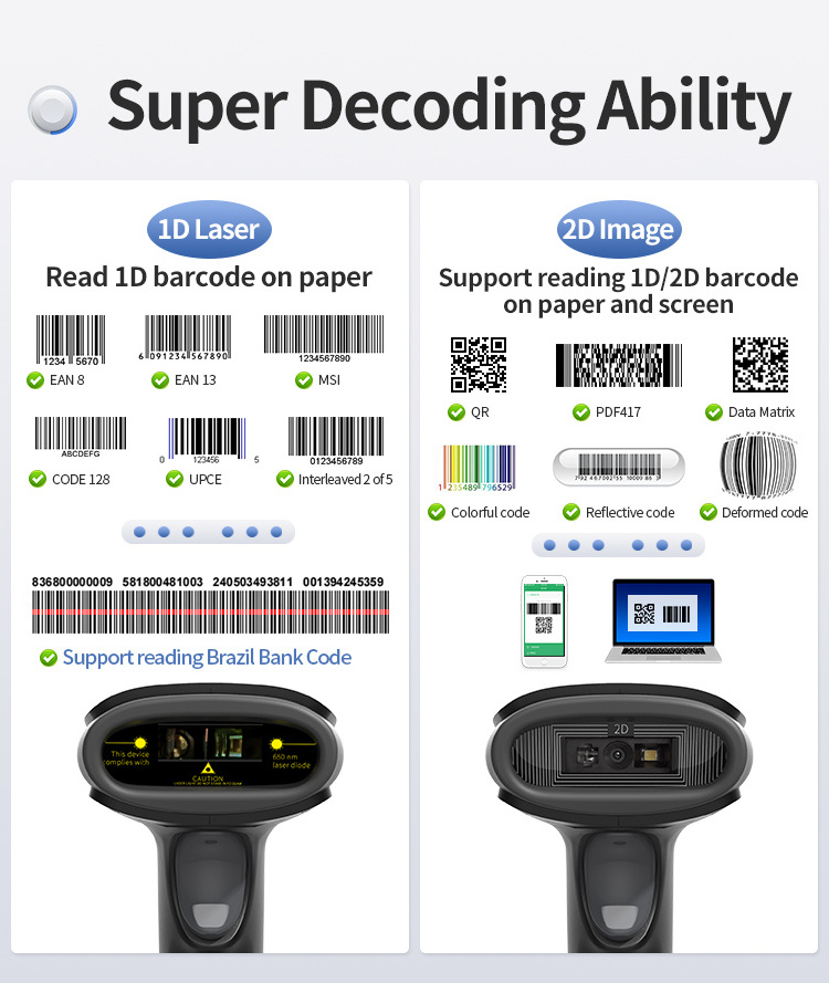 Xincode Hand Wireless Laser Image Barcode Scanner Handheld Bluetooth High Speed QR 2D 1D Bar code Scanner For Supermarket