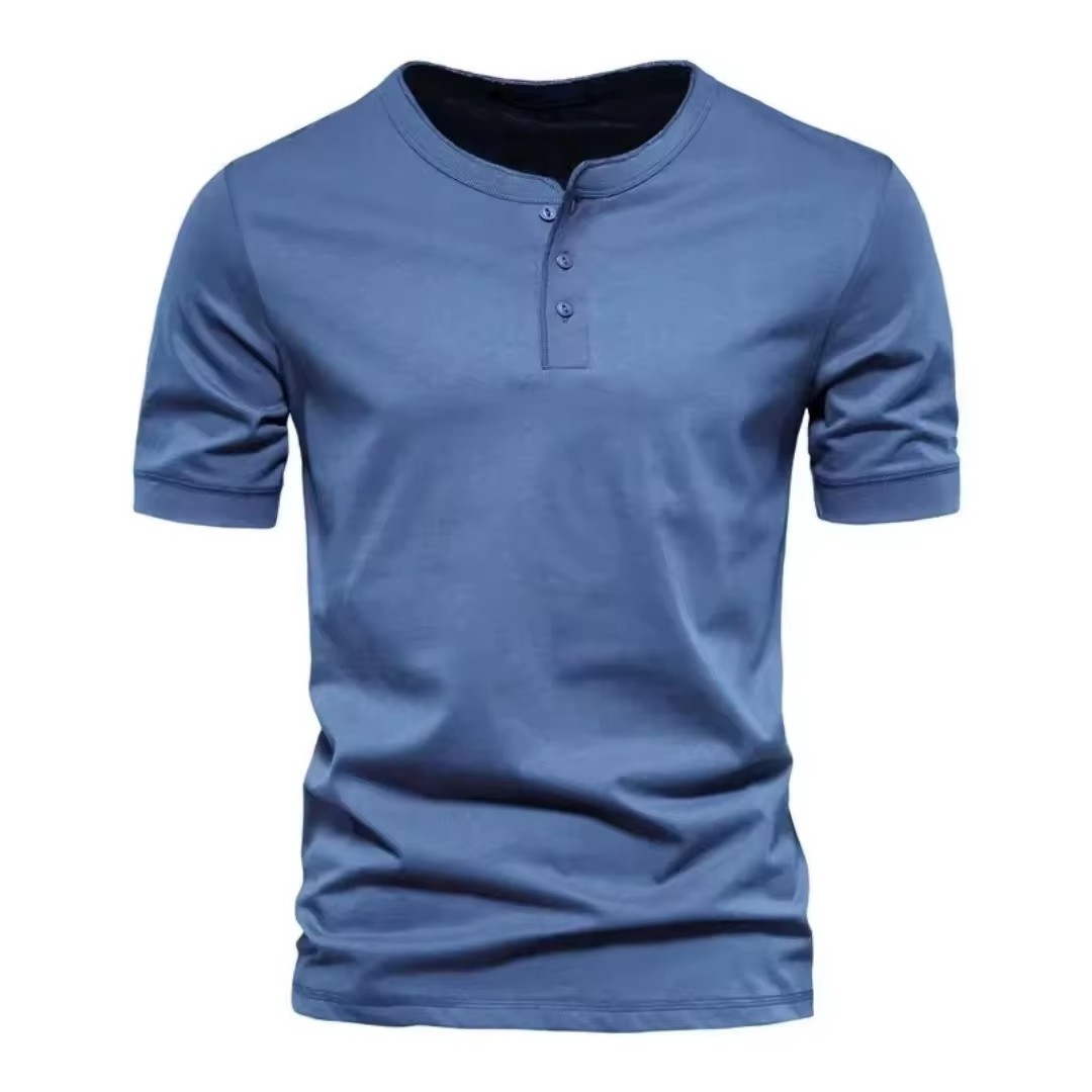 Men's Round Neck Bamboo Cotton 210GSM Button Up Short Sleeved T-shirt Leisure Fit Sports Running T Shirt