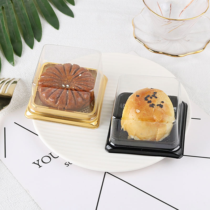 Wholesale Food Grade Black Plastic Mini Cake Box Packaging Gold Cupcake Muffin Dessert Container For Bakery Pastry