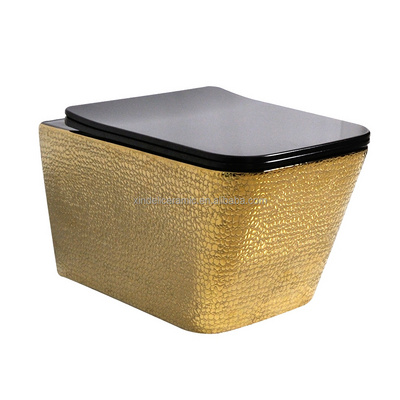 Luxury Style Crocodile Pattern Electroplated Bathroom Toilet Black Gold Elongated Rimless Ceramic Wall Hung Toilet WC