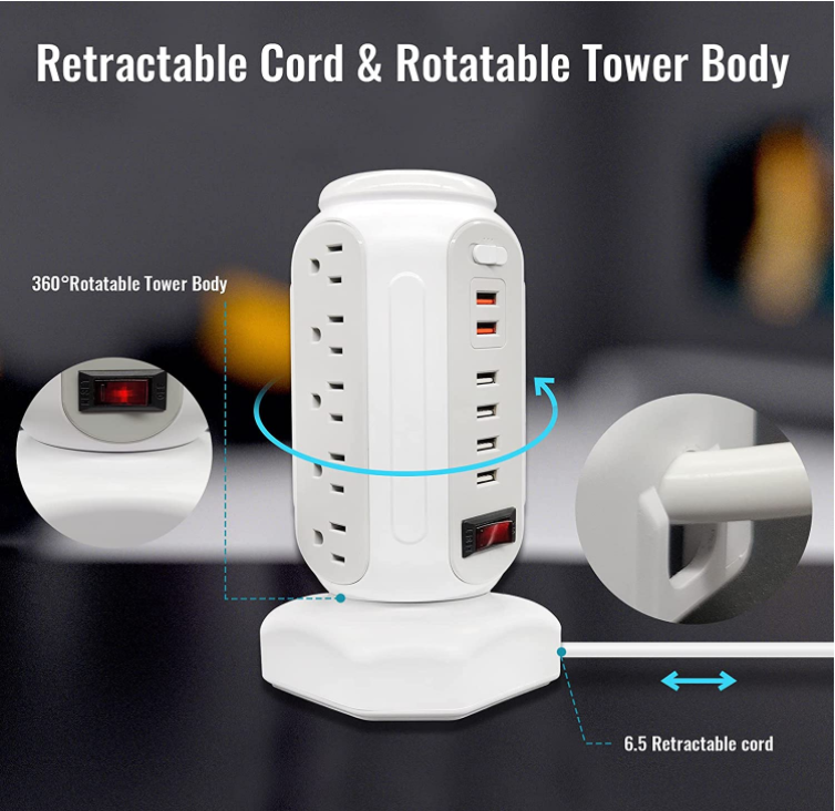 Power Strip Surge Protector Tower 15 AC Outlets and 6 USB Ports with LED Light Retractable Heavy Duty Extension Cord