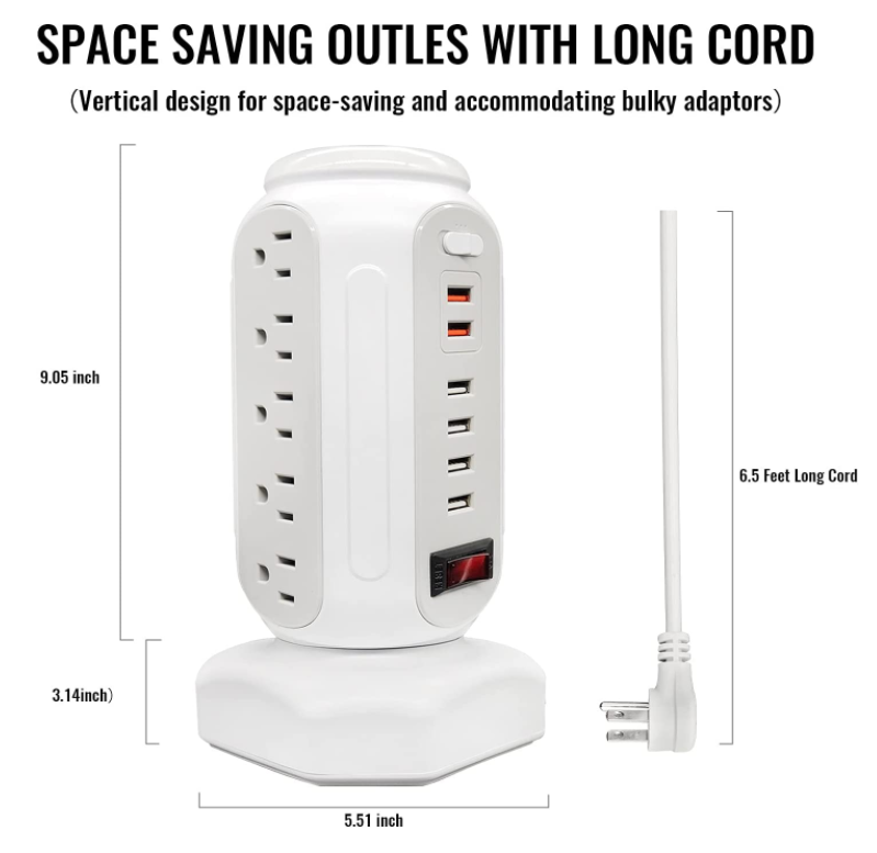 Power Strip Surge Protector Tower 15 AC Outlets and 6 USB Ports with LED Light Retractable Heavy Duty Extension Cord