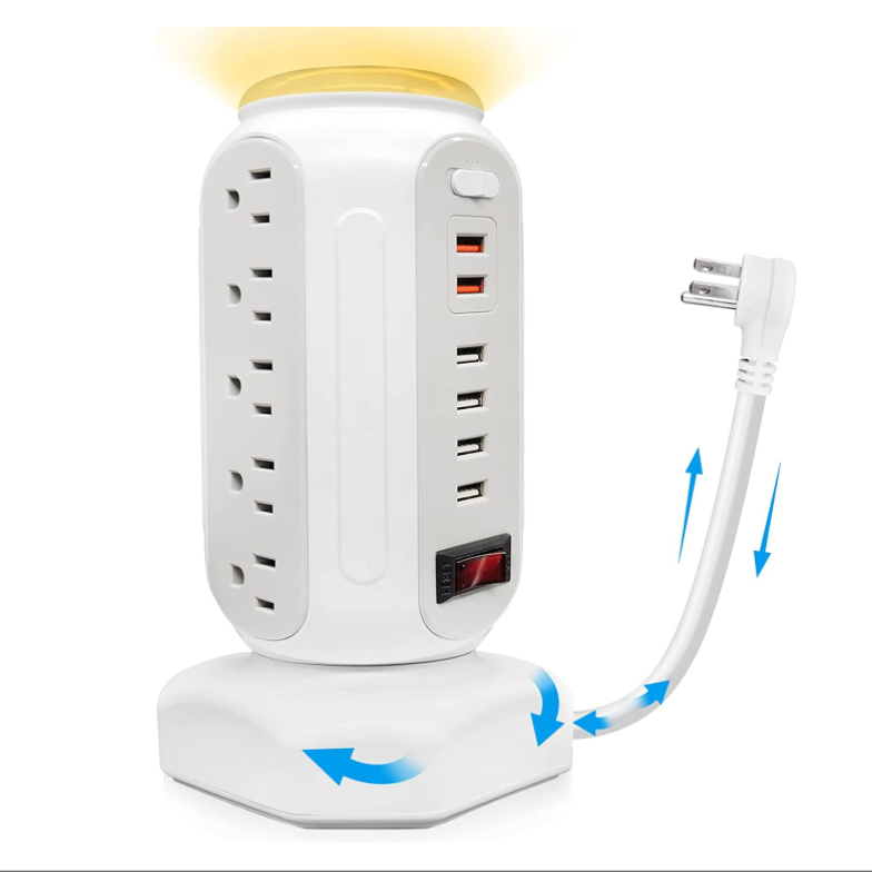 Power Strip Surge Protector Tower 15 AC Outlets and 6 USB Ports with LED Light Retractable Heavy Duty Extension Cord