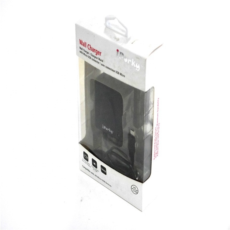 plastic window see through paper wall packaging with hook for battery charger clear packing box