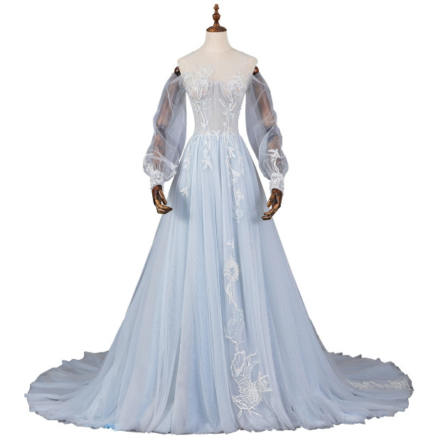 Customized light blue sweet mesh dress exquisite lace flower sequin tail banquet wedding Dress