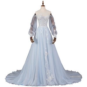 Customized light blue sweet mesh dress exquisite lace flower sequin tail banquet wedding Dress