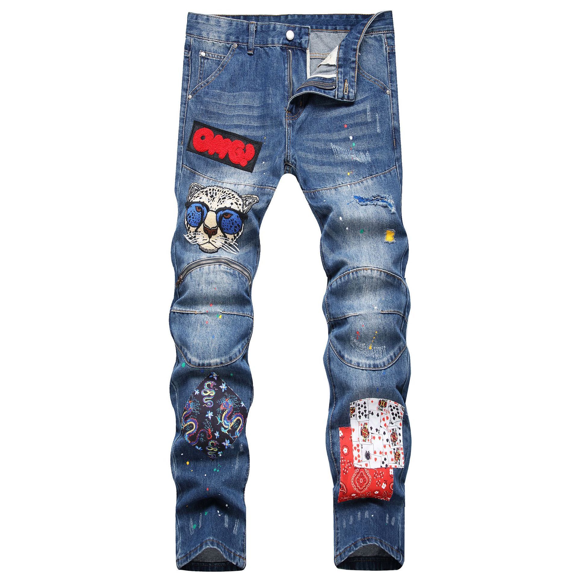 Trendy Zipper Decorated Men's Slim Fit Blue Mid-waist Embroidered Patchwork Pants Ripped Jeans