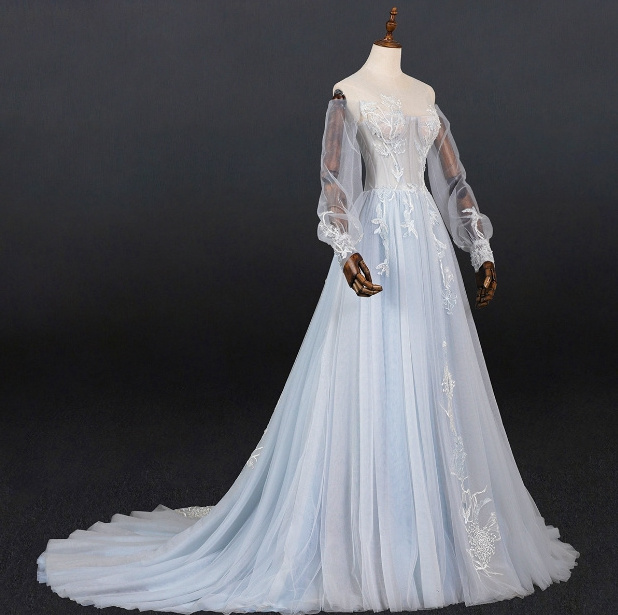 Customized light blue sweet mesh dress exquisite lace flower sequin tail banquet wedding Dress