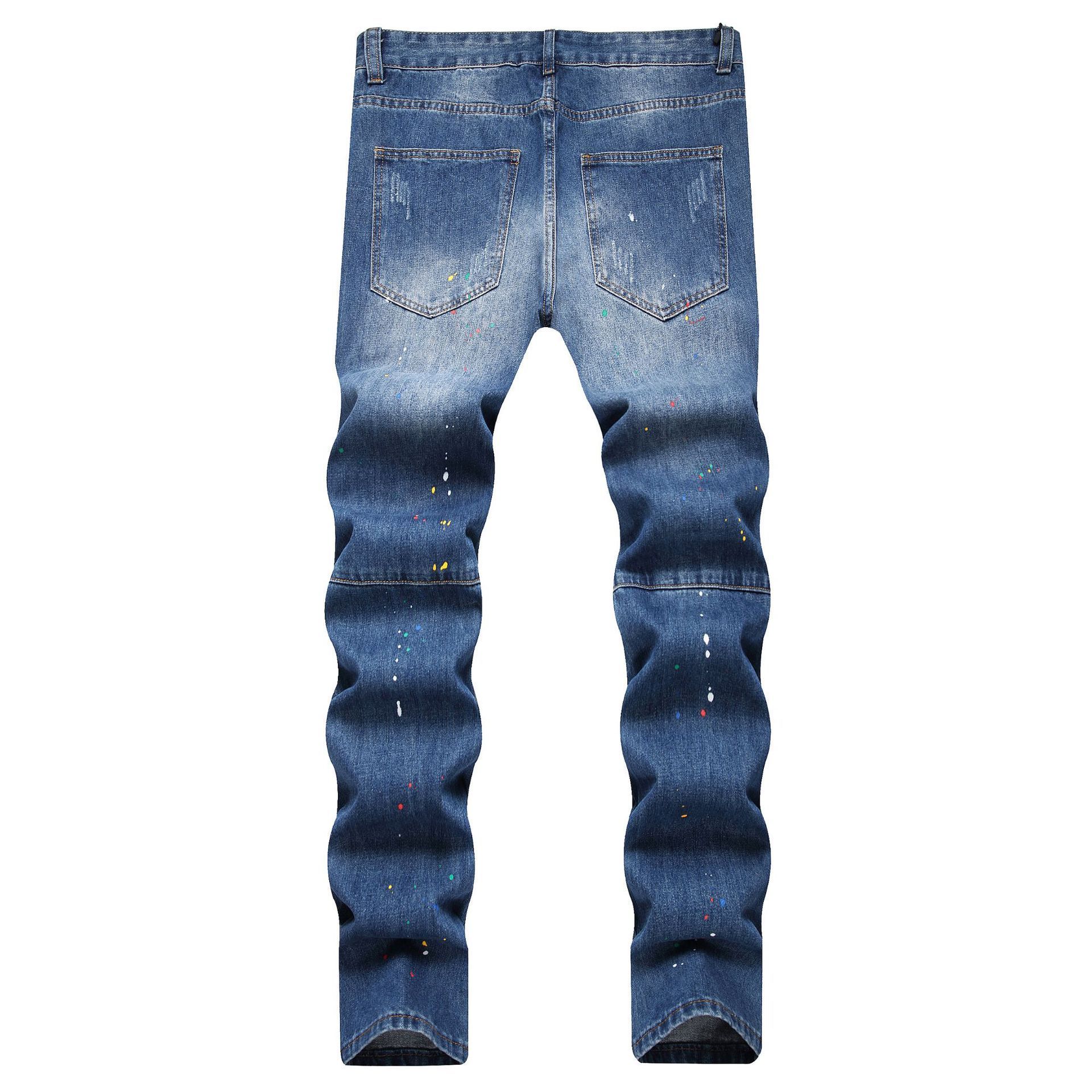 Trendy Zipper Decorated Men's Slim Fit Blue Mid-waist Embroidered Patchwork Pants Ripped Jeans