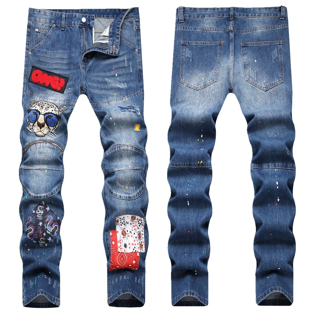 Trendy Zipper Decorated Men's Slim Fit Blue Mid-waist Embroidered Patchwork Pants Ripped Jeans