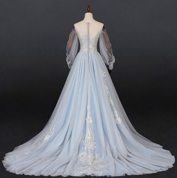 Customized light blue sweet mesh dress exquisite lace flower sequin tail banquet wedding Dress