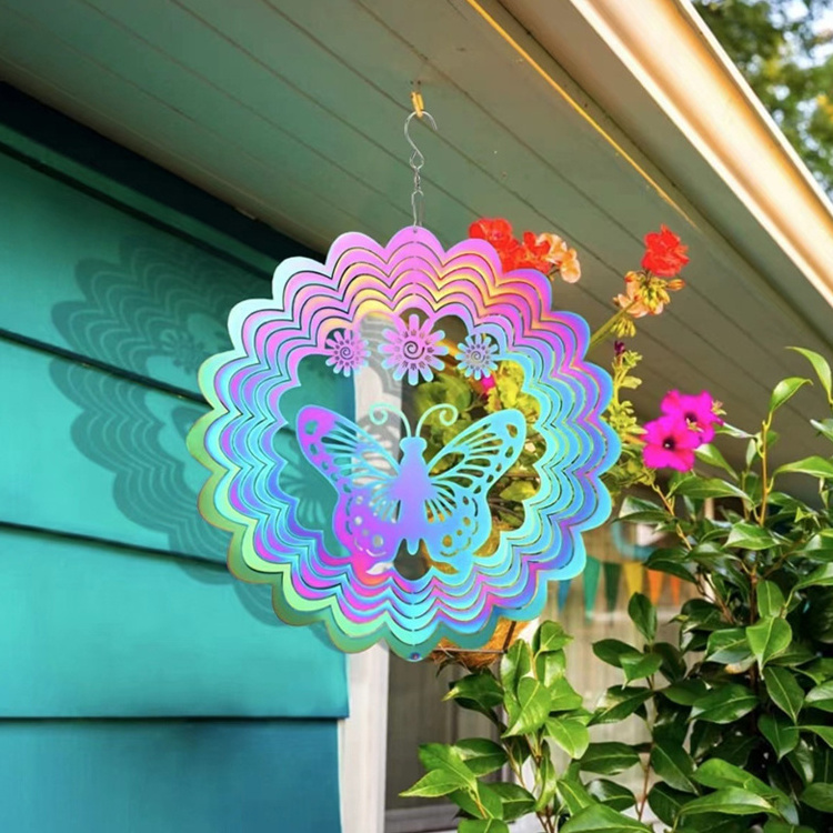 Butterfly Wind Spinner With Tail Spinner 3D Gradient Color Garden Spinner With Ball Spiral Tail Kinetic Hanging Wind Catcher