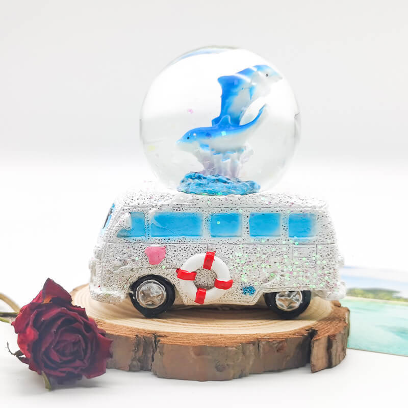 Miniature Resin Snow Globe with Cute Animal Figurines and Gold Glitter Glass for Home Decor