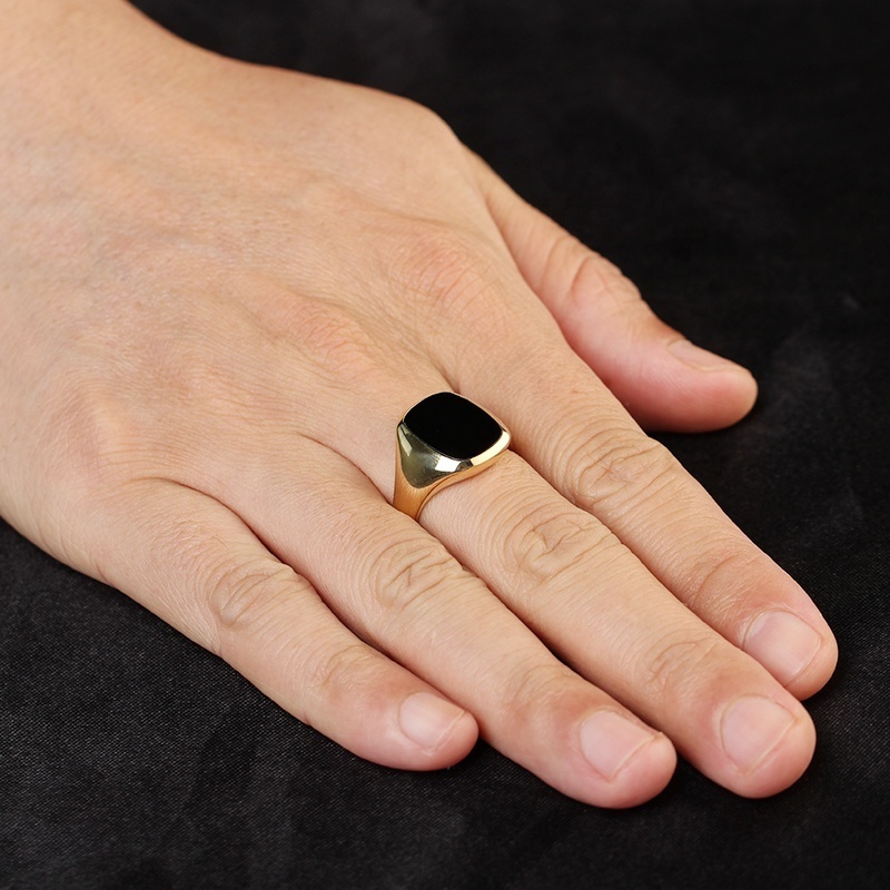 Xinfly sweat proof Pure 18K 750 Real Gold jewelry Natural Square Black Agate Signet Retro Ring for Men