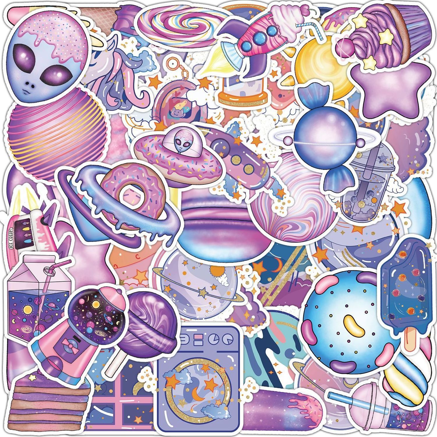 Children candy funny decoration self adhesive custom waterproof cartoon space planet stickers