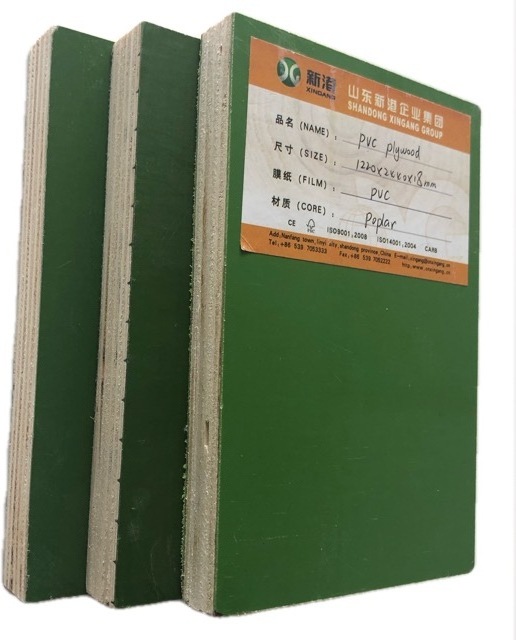 4'*8' 18mm poplar core green PVC face plywood sandwich board triplay fenolico terciado sheet for construction use