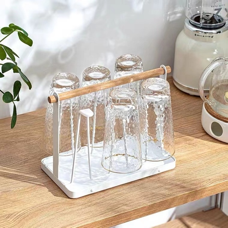 desktop bar metal wood handle 6 Coffee glass bottle mug cup Drying Dryer storage display hanger holder Rack for cabinet