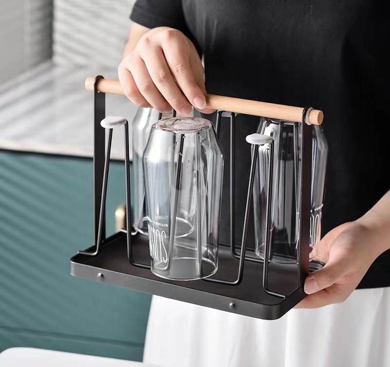 desktop bar metal wood handle 6 Coffee glass bottle mug cup Drying Dryer storage display hanger holder Rack for cabinet