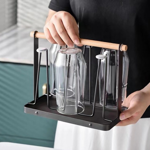 desktop bar metal wood handle 6 Coffee glass bottle mug cup Drying Dryer storage display hanger holder Rack for cabinet