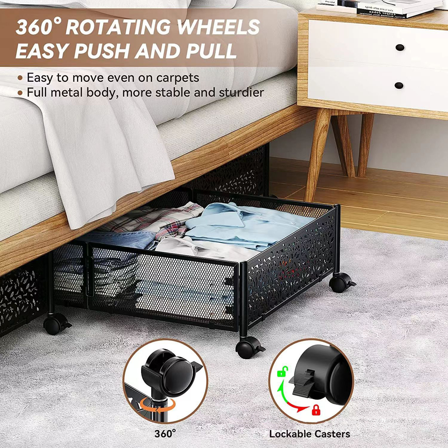 Bedroom Rolling Foldable Metal storage underbed Under Bed Shoe Storage Drawers Cart Container Organizer with Wheel and Handle