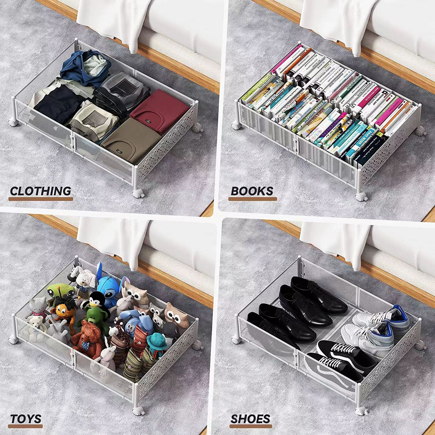 Bedroom Rolling Foldable Metal storage underbed Under Bed Shoe Storage Drawers Cart Container Organizer with Wheel and Handle