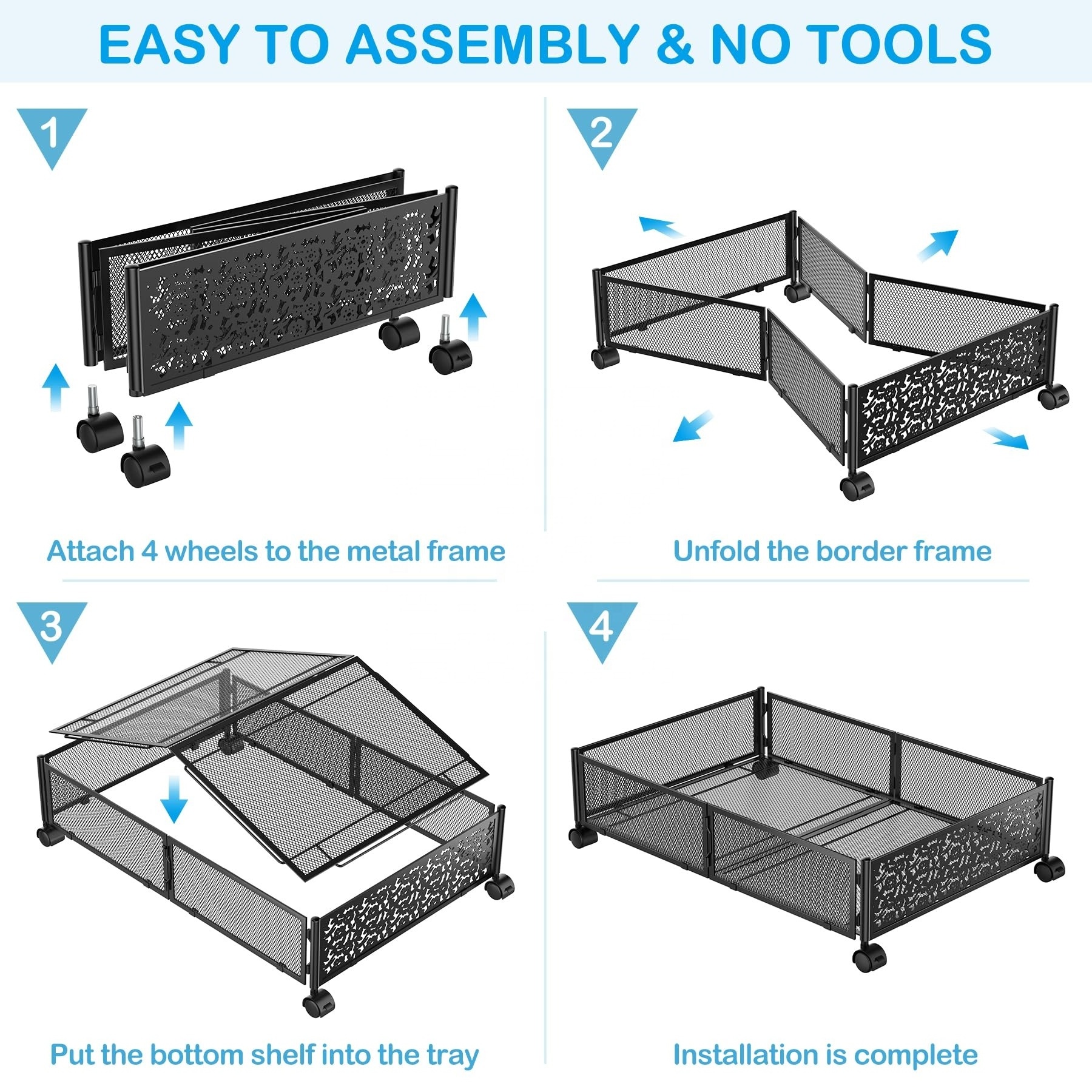 Bedroom Foldable Metal Rolling underbed Under Bed Shoe clothing Storage Drawers Cart Container Organizer with Wheel and Handle