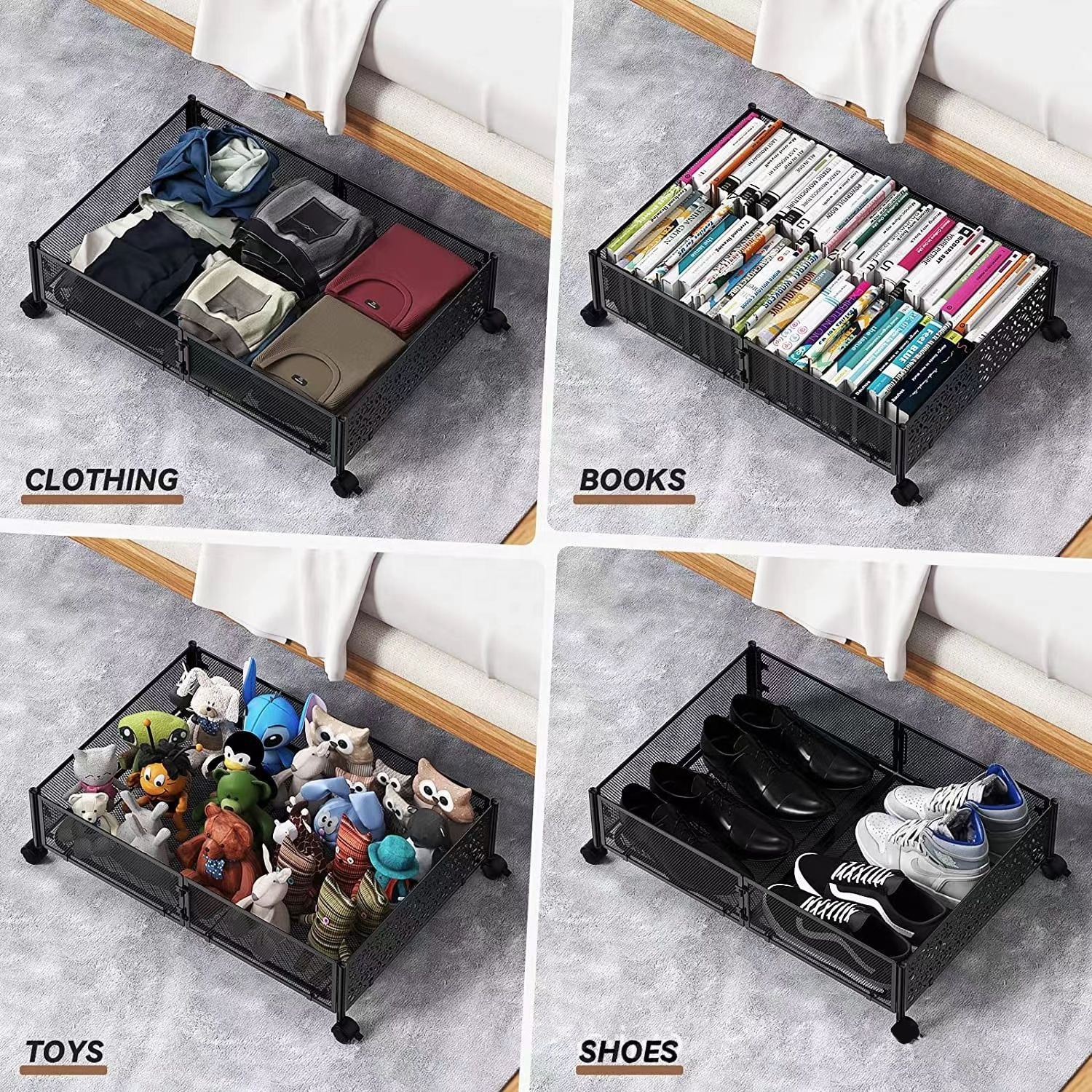 Bedroom Foldable Metal Rolling underbed Under Bed Shoe clothing Storage Drawers Cart Container Organizer with Wheel and Handle