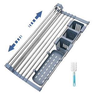 Stainless Steel Portable Expandable Foldable Over The Sink Dish Drainer Roll Up Dish Drying Rack with cup holder